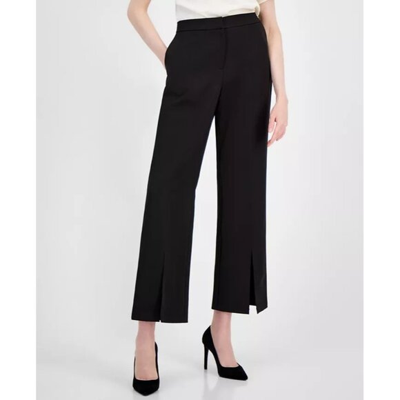 T Tahari Womens High Rise Slit Cuff Ankle Crop Wide Leg Pants Black Size 14 NWT - Picture 1 of 4